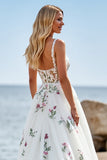 Floral White Tulle Sweep Train Wedding Dress with Lace