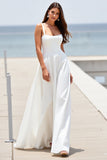 White Square Neck Satin Boho Sweep Train Wedding Dress