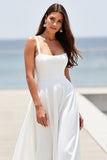White Square Neck Satin Boho Sweep Train Wedding Dress