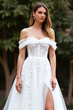 Tulle Ball Gown White Sweep Train Wedding Dress with Slit