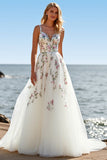Floral A Line White V-Neck Sweep Train Wedding Dress