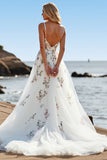 Floral A Line White V-Neck Sweep Train Wedding Dress