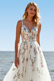 Floral A Line White V-Neck Sweep Train Wedding Dress
