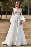 Tulle White Flare Sleeves Ball Gown Wedding Dress with Appliques