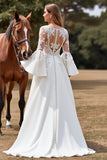 Tulle White Flare Sleeves Ball Gown Wedding Dress with Appliques