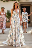 V-Neck Satin Floral White Sweep Train Wedding Dress