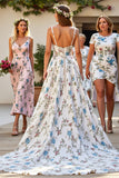 V-Neck Satin Floral White Sweep Train Wedding Dress