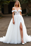 Ball Gown White Tulle Sweep Train Wedding Dress with Appliques