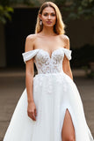 Ball Gown White Tulle Sweep Train Wedding Dress with Appliques