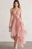 Blush A Line V-Neck Asymmetrical Prom Dress with Pleats