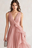 Blush A Line V-Neck Asymmetrical Prom Dress with Pleats