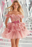 Blush Tulle A Line Ruffled Short Prom Dress with Appliques