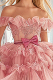 Blush Tulle A Line Ruffled Short Prom Dress with Appliques
