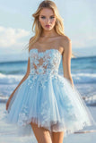 Sky Blue Floral A Line Short Prom Dress with Appliques