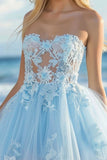 Sky Blue Floral A Line Short Prom Dress with Appliques