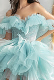 Sparkly Light Green Tiered Short Prom Dress with Ruffles