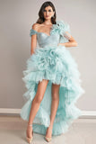 Sparkly Light Green High-Low Prom Dress with Ruffles