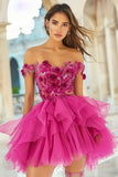 Floral Fuchsia Organza A Line Short Prom Dress with Appliques