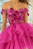Floral Fuchsia Organza A Line Short Prom Dress with Appliques
