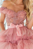 Sparkly Blush Tiered A Line Tulle Short Prom Dress with Beading