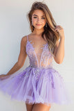 Sparkly Lilac Deep V-Neck Short Tulle Prom Dress with Appliques