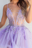 Sparkly Lilac Deep V-Neck Short Tulle Prom Dress with Appliques