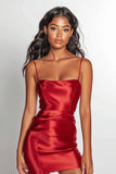 Red Satin Spaghetti Straps Bodycon Short Prom Dress