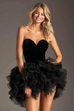 Black A Line Sweetheart Organza Short Prom Dress with Ruffles