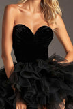 Black A Line Sweetheart Organza Short Prom Dress with Ruffles