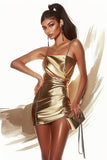 Golden Bodycon Ruched Short Satin Prom Dress