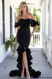 Black Satin Mermaid Off the Shoulder High-Low Formal Dress with Ruffles