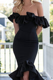 Black Mermaid Off the Shoulder High-Low Satin Formal Dress with Ruffles