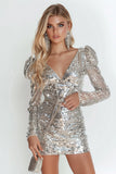 Silver Sparkly Sequin V-Neck Bodycon Short Prom Dress