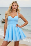 Light Blue A Line Tulle Ruched Mini Prom Dress