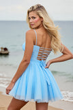 Light Blue A Line Tulle Ruched Mini Prom Dress