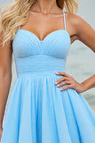 Light Blue A Line Tulle Ruched Mini Prom Dress