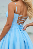 Light Blue A Line Tulle Ruched Mini Prom Dress