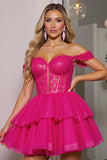 Fuchsia Tulle Corset A Line Mini Prom Dress with Appliques