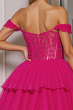 Fuchsia Tulle Corset A Line Mini Prom Dress with Appliques