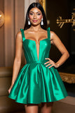 Dark Green Corset A Line Satin Mini Prom Dress with Bow