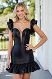 Black Bodycon Satin Mini Prom Dress with Ruffles