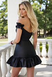 Black Bodycon Satin Mini Prom Dress with Ruffles
