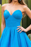 Blue A Line Ruched Strapless Short Prom Dress