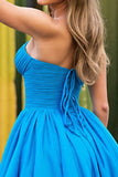 Blue A Line Ruched Strapless Short Prom Dress