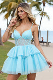 Light Blue Tiered Corset A Line Short Prom Dress with Appliques