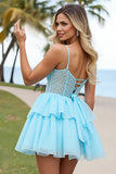 Light Blue Tiered Corset A Line Short Prom Dress with Appliques