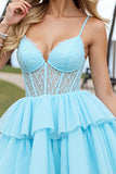 Light Blue Tiered Corset A Line Short Prom Dress with Appliques