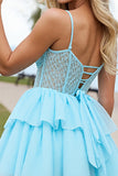 Light Blue Tiered Corset A Line Short Prom Dress with Appliques