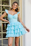 Light Blue A Line Mini Tiered Prom Dress with Ruffles