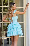 Light Blue A Line Mini Tiered Prom Dress with Ruffles